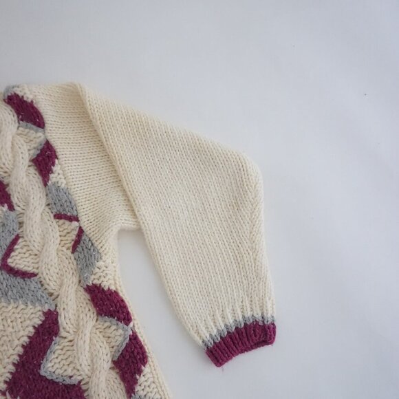 Vintage Clovelly Cream w Maroon Geometric Shape Cable Knit Turtleneck Sweater M - Picture 5 of 10